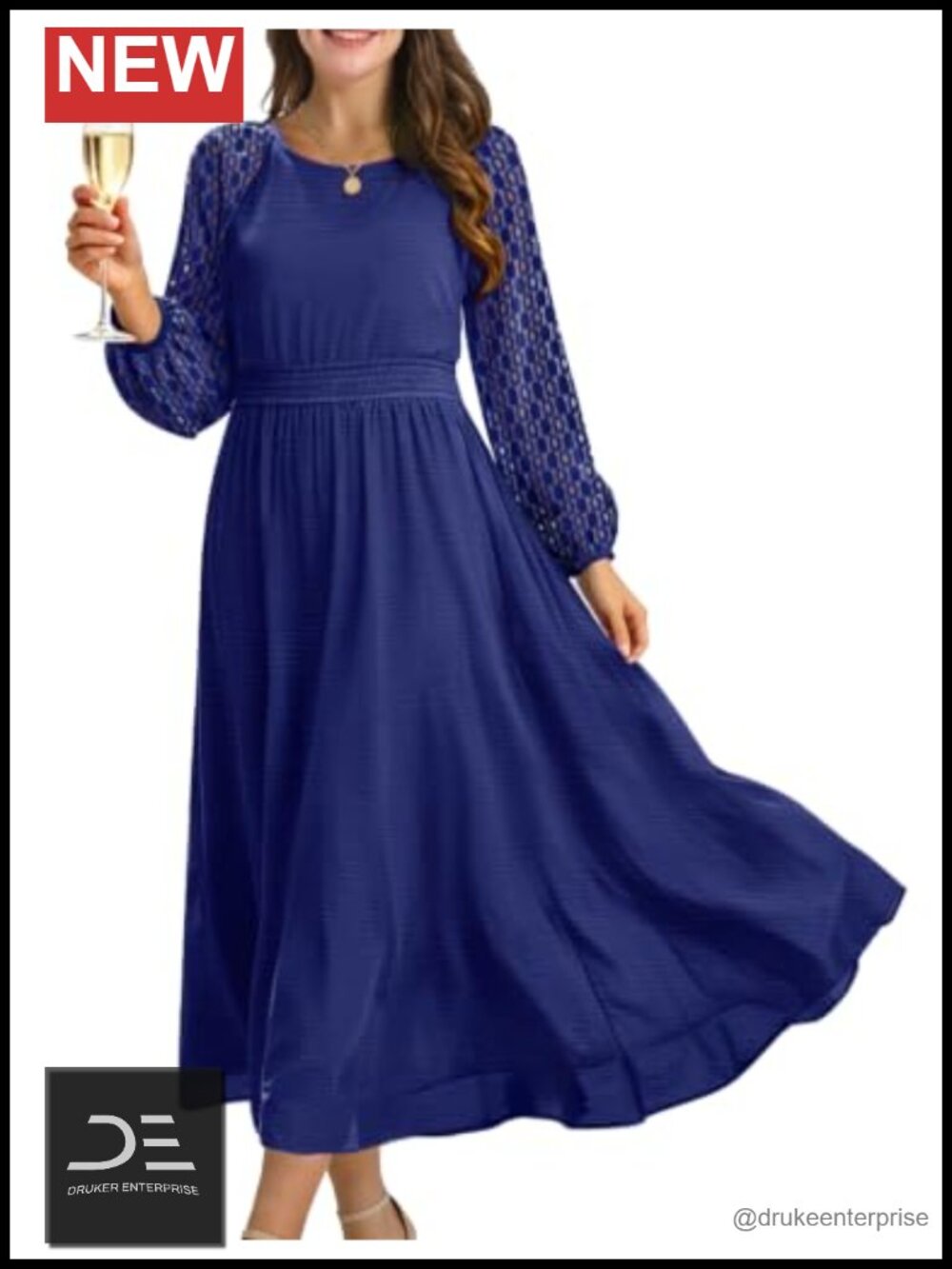 Women's Lace Long Sleeve Maxi Dress Smocked Waist Wedding Guest